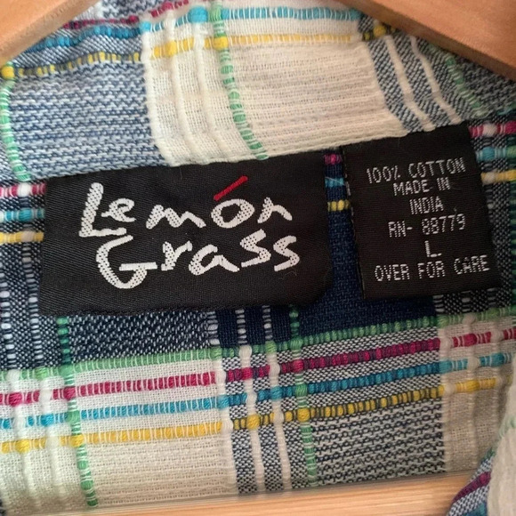 Lemon Grass Women's Textured Button Down Shirt Large Blue Pink Plaid Artsy - Picture 3 of 15